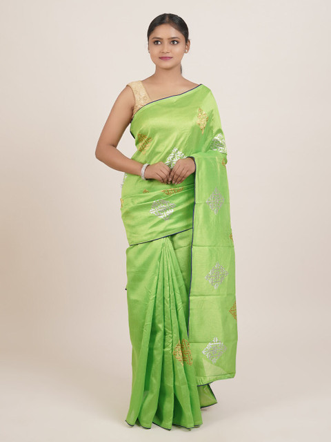 

Pothys Green & Silver-Toned Ethnic Motifs Embroidered Saree