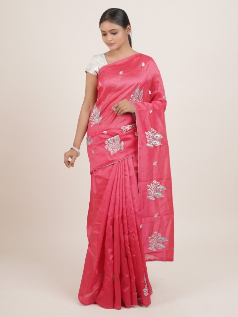 

Pothys Pink & Grey Floral Embroidered Saree