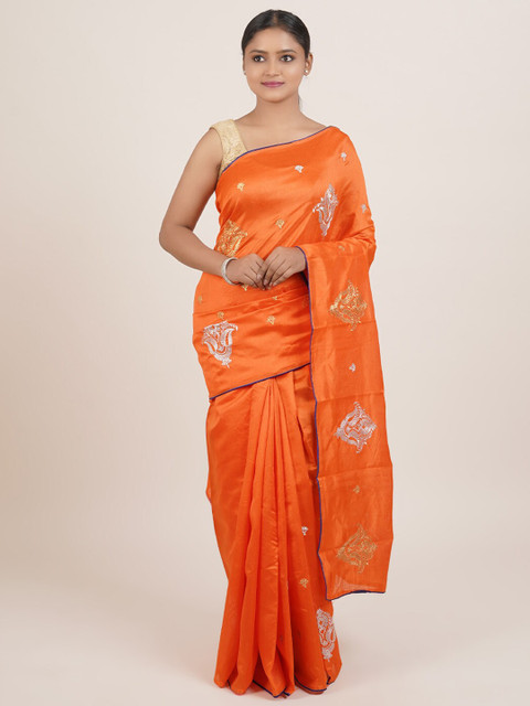

Pothys Orange & Silver Ethnic Motifs Embroidered Design Saree