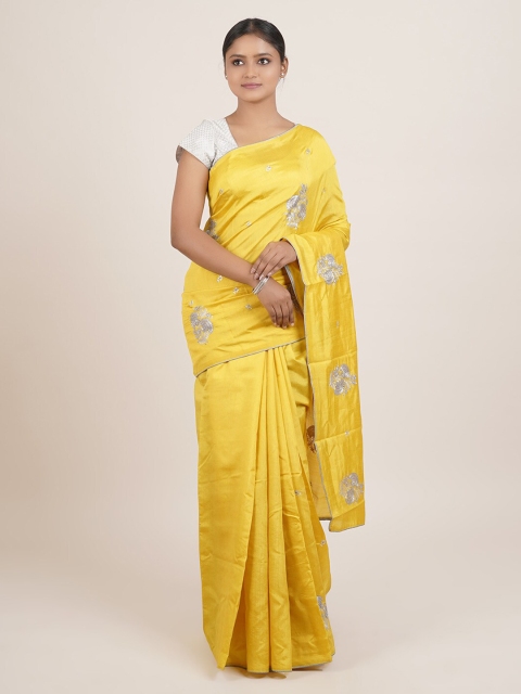 

Pothys Yellow & Silver-Toned Embroidered Floral Saree