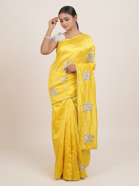 

Pothys Yellow & Silver Ethnic Motifs Embroidered Saree