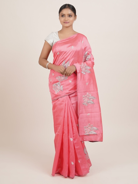 

Pothys Pink & Grey Ethnic Motifs Embroidered Saree