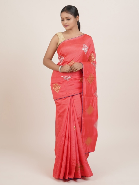 

Pothys Pink & Silver-Toned Embroidered Saree