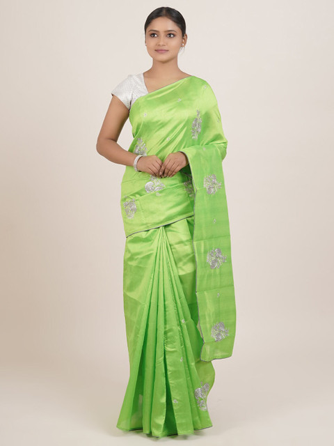 

Pothys Green & Silver-Coloured Ethnic Motifs Embroidered Saree