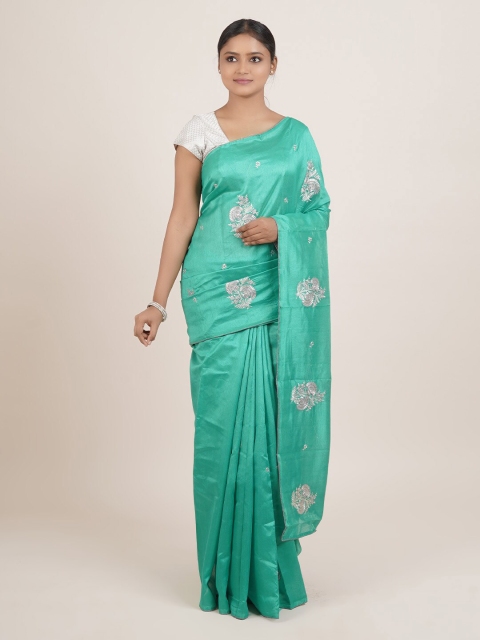 

Pothys Sea Green & Silver Coloured Floral Embroidered Saree