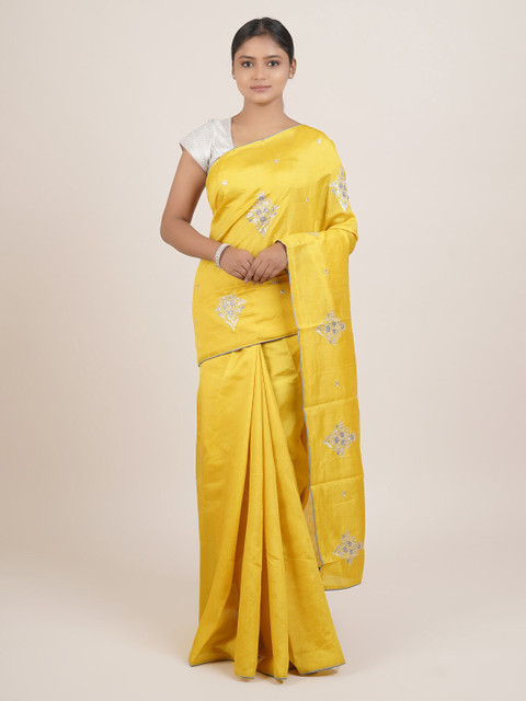 

Pothys Yellow & Silver-Toned Floral Saree