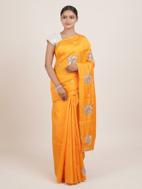 

Pothys Yellow & Silver-Toned Floral Embroidered Saree