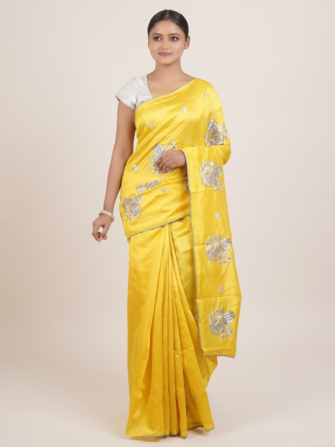 

Pothys Yellow & Silver-Toned Ethnic Motifs Embroidered Saree