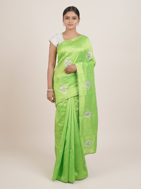 

Pothys Green & Silver Ethnic Motifs Embroidered Saree
