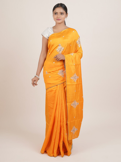 

Pothys Yellow & Silver-Toned Floral Embroidered Saree