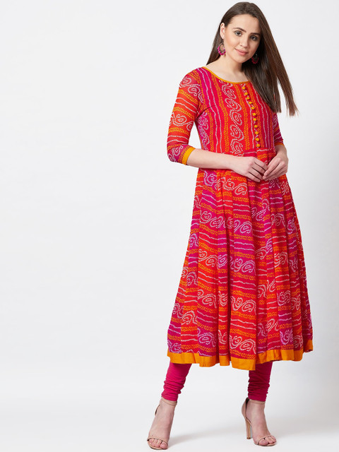 

PANIT Women Red Bandhani Printed Georgette Anarkali Kurta