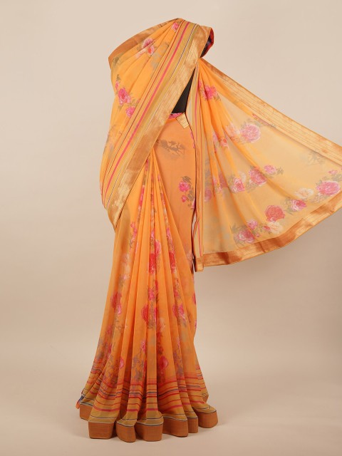 

Pothys Peach-Coloured & Gold-Toned Floral Zari Saree