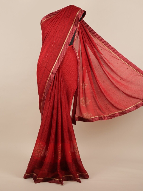 

Pothys Maroon & Gold-Toned Printed Beads and Stones Saree