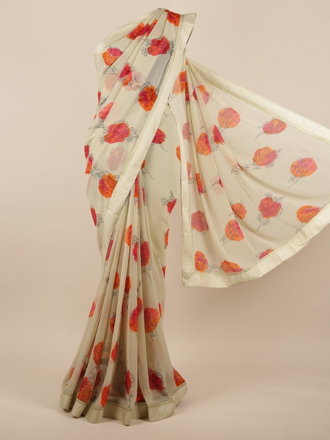 

Pothys Cream-Coloured & Pink Floral Saree