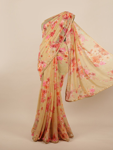 

Pothys Cream-Coloured & Pink Floral Saree