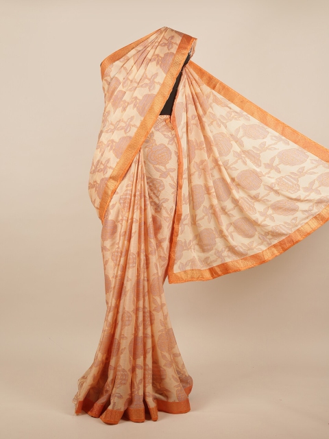 

Pothys Peach-Coloured & Cream-Coloured Floral Zari Saree