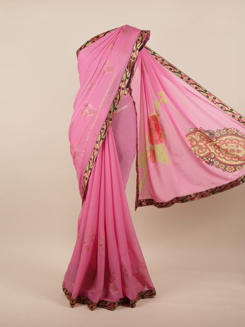 

Pothys Pink & Gold-Toned Ethnic Motifs Zari Saree