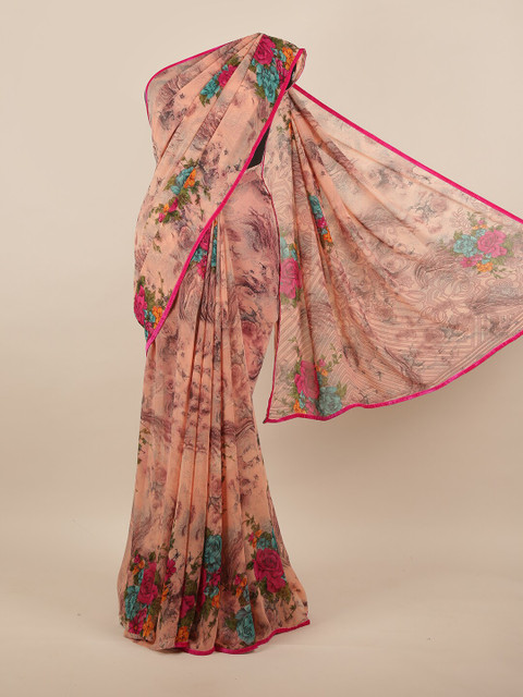 

Pothys Peach-Coloured & Pink Floral Saree