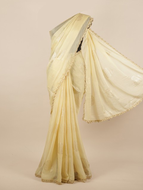 

Pothys Cream-Coloured & Gold-Toned Floral Embroidered Saree