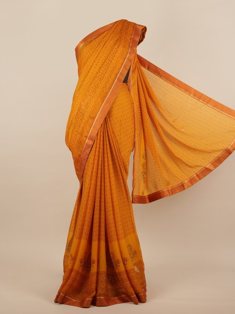

Pothys Mustard & Gold-Toned Ethnic Motifs Beads and Stones Saree