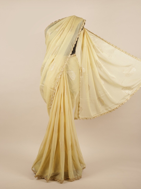

Pothys Cream-Coloured & Gold-Toned Floral Embroidered Saree