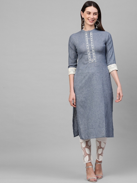 

FASHOR Women Blue Floral Embroidered Straight Kurta