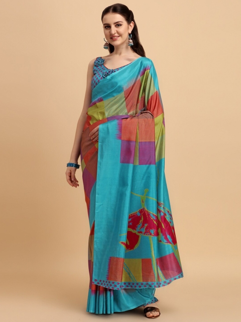 

KALINI Green & Blue Printed Pure Crepe Fusion Saree