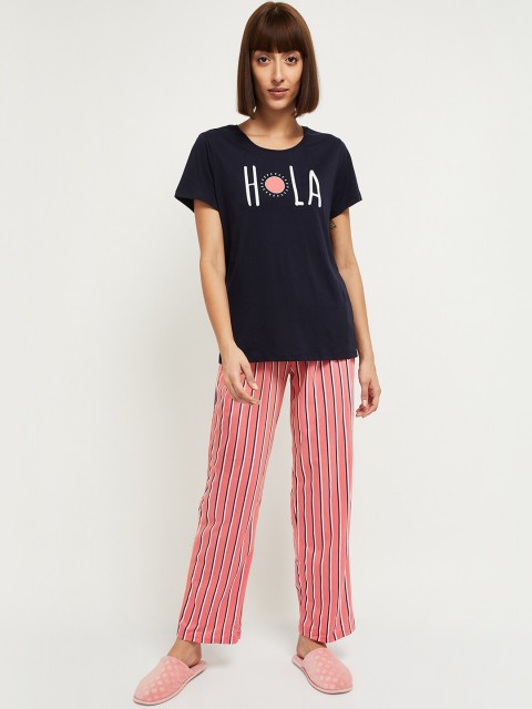 

max Women Navy Blue & Pink Striped Night suit