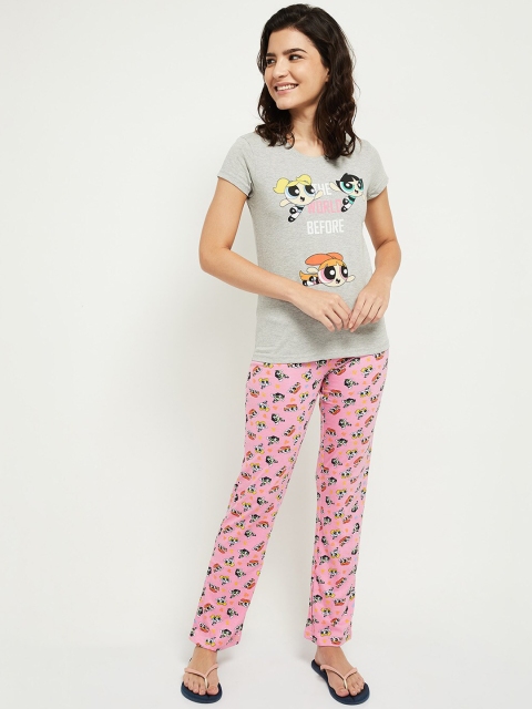 

max Women Grey Melange & Pink Printed Night suit