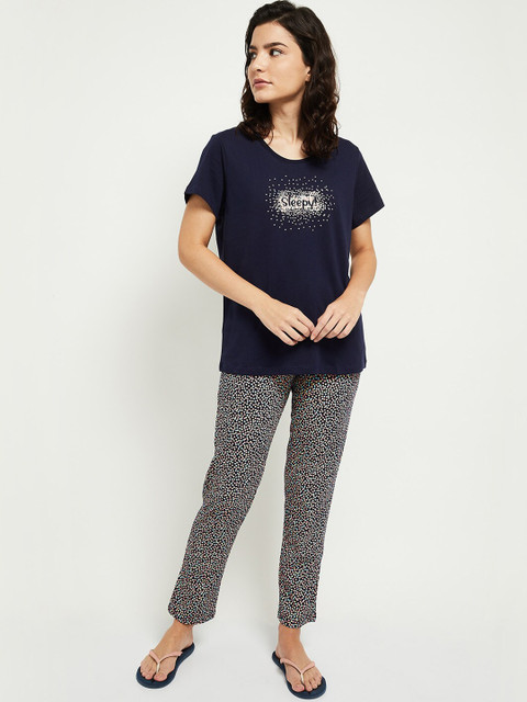 

max Women Navy Blue & Black Printed Night suit
