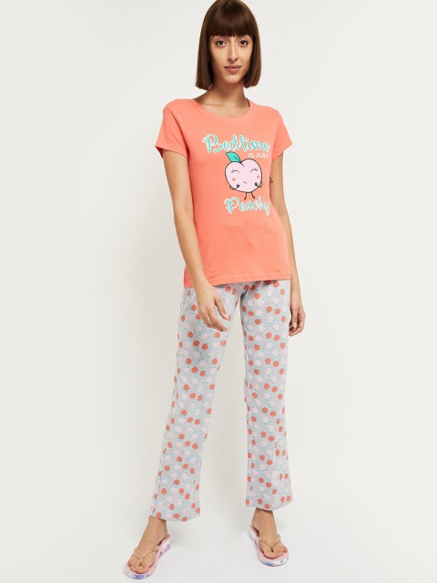 

Max Women Orange & Grey Printed Night Suit