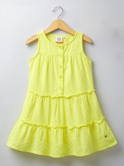 

Ed-a-Mamma Girls Yellow Self Design Tiered A-Line Dress