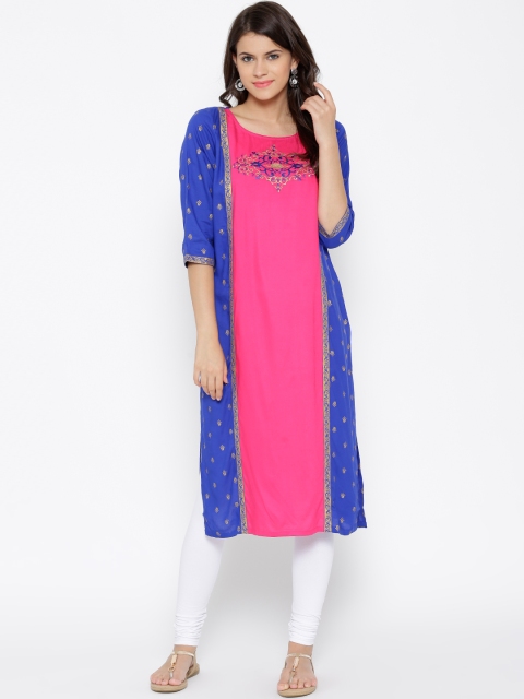 

AURELIA Women Pink & Blue Embroidered Straight Kurta