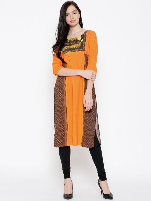 

AURELIA Women Orange & Brown Printed Straight Kurta