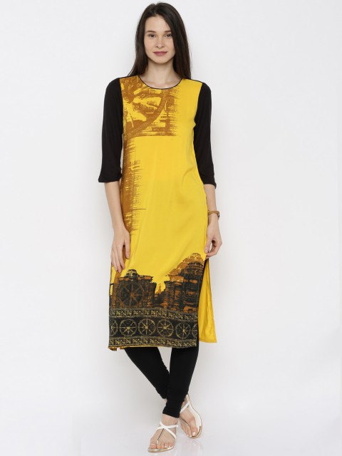 

AURELIA Women Yellow Printed Straight Kurta
