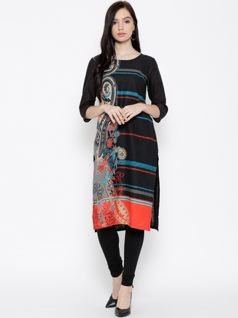 

AURELIA Women Black Printed Straight Kurta