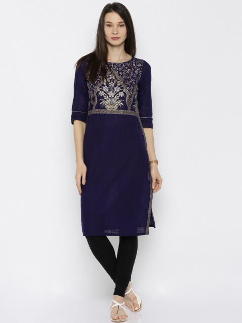

AURELIA Women Navy Yoke Design Floral Print Straight Kurta, Navy blue