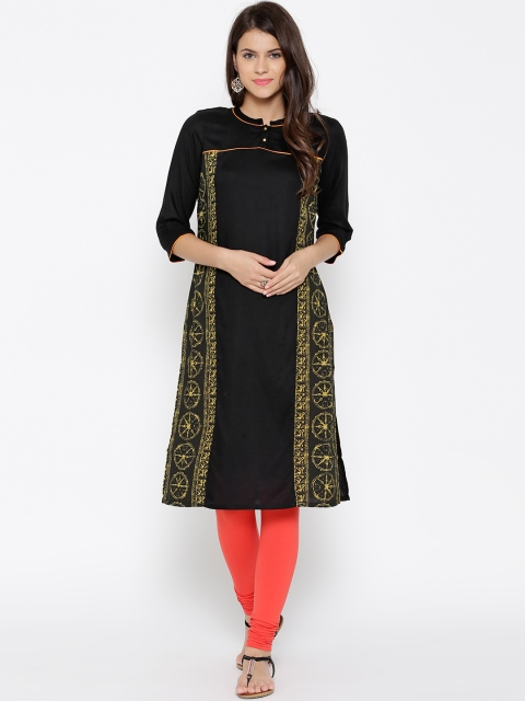 

AURELIA Women Black Printed Straight Kurta
