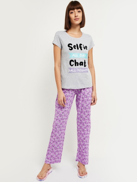 

max Women Grey Melange & Lavender Printed Night Suit