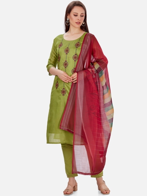 

Kiana Women Olive Green Embroidered Chanderi Silk Kurta with Trousers & Dupatta