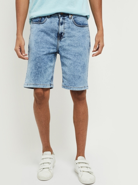 

max Men Blue Washed Mid-Rise Denim Shorts
