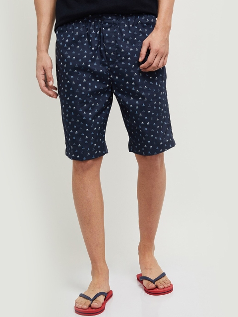

max Men Navy Blue Conversational Printed Mid-Rise Pure Cotton Regular Shorts