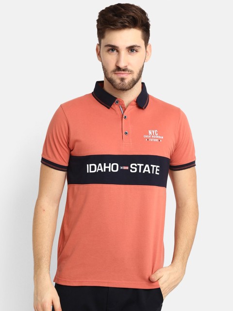 

V2 Value & Variety Men Brown & Black Typography Printed Polo Collar Applique T-shirt