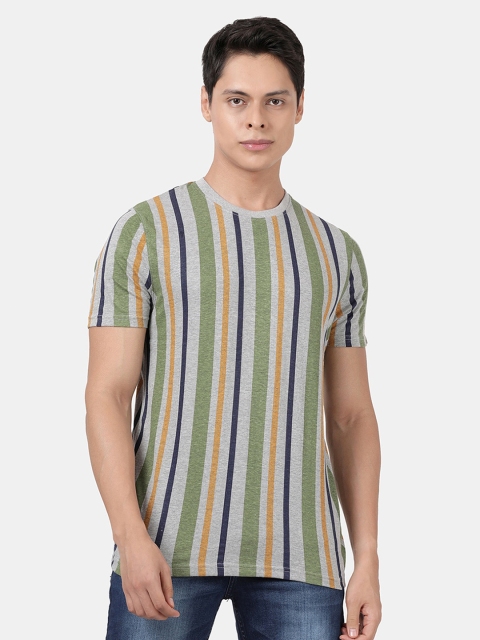 

DERBY JEANS COMMUNITY Men Olive Green Striped Slim Fit T-shirt