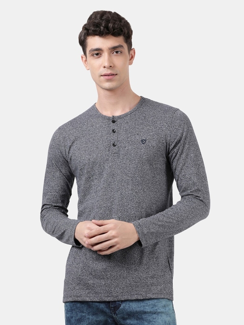 

DERBY JEANS COMMUNITY Men Navy Blue Henley Neck Slim Fit T-shirt
