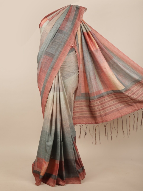 

Pothys Grey & Brown Colourblocked Printed Jute Silk Saree