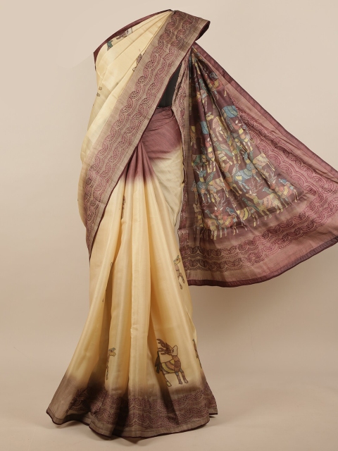 

Pothys Cream-Coloured & Brown Ethnic Motifs Printed Jute Silk Saree