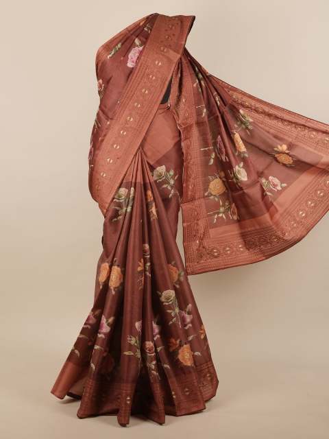 

Pothys Brown & Green Floral Printed Jute Silk Saree