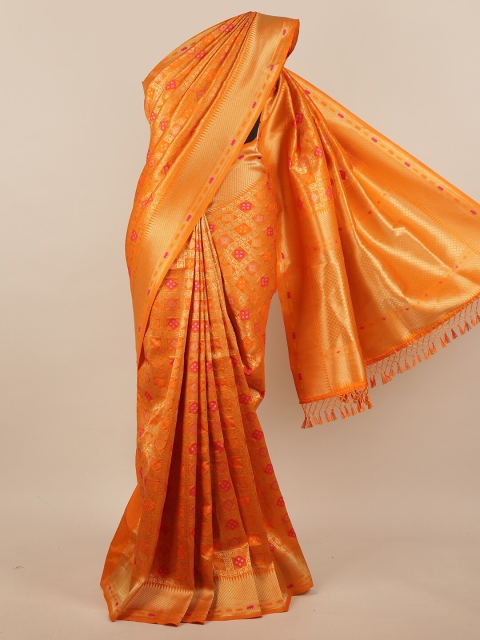 

Pothys Orange & Gold-Toned Ethnic Motifs Zari Jute Silk Saree