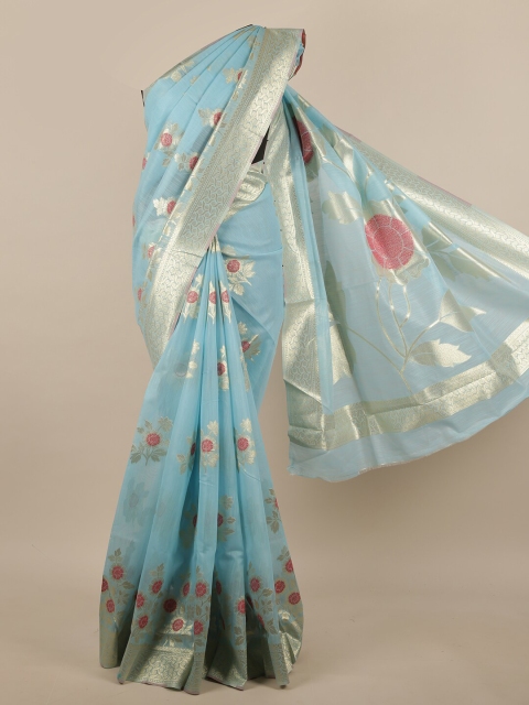 

Pothys Blue & Gold-Coloured Floral Zari Woven Design Jute Silk Saree